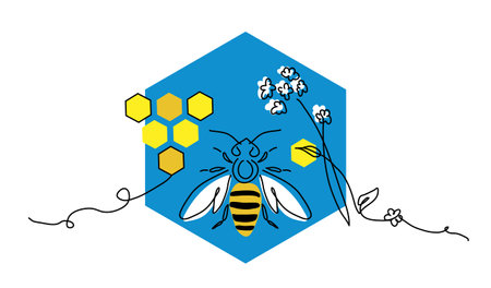 Bee, honey, honeycombs and flower in blue hexagon shape. Vector color illustration in yellow and...