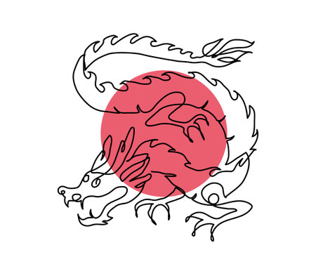 Japanese dragon vector illustration with red circle. One continuous line art drawing of dragonのイラスト素材
