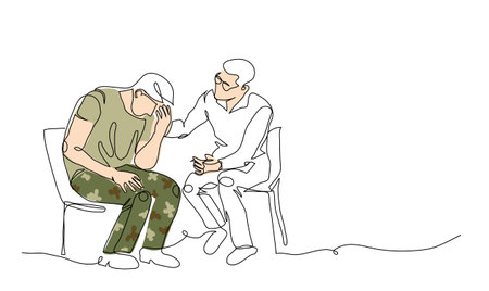 ptsd therapy, post-traumatic stress disorder treatment vector illustration. Veteran, soldier and psychotherapist. One continuous line art drawing of ptsd therapyのイラスト素材
