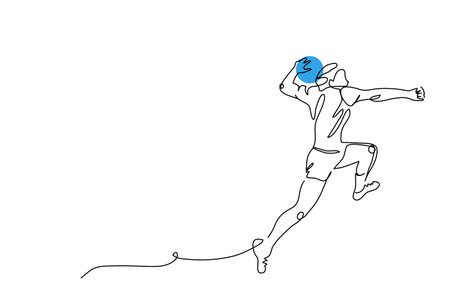 Handball player throws the ball. One continuous line art drawing of handball player in jumpのイラスト素材