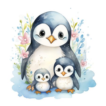 Mothers day concept, greeting card. Watercolor cute animals. Mommy penguin with baby. Generative AIの素材