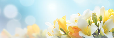 Spring flowers banner, background. Freesia flowers banner with copy spaceの素材