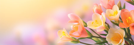 Freesia flowers banner with copy space. Spring flowers banner, backgroundの素材