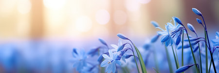 Spring flowers banner, background. Scilla siberica flowers banner with copy spaceの素材
