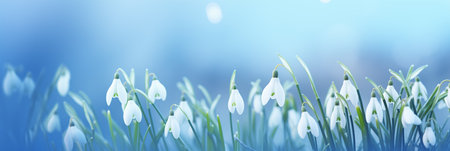 Spring flowers banner, background. First flowers snowdrops banner with copy spaceの素材