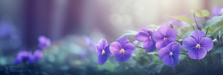 Spring flowers banner, background. Viola odorata flowers banner with copy spaceの素材