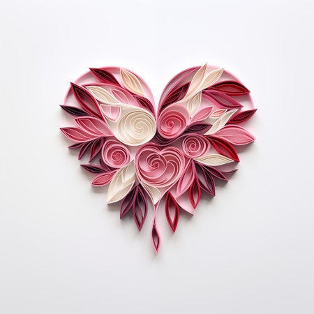 Red and pink heart shape, paper quilling craft, 3d paper decoration. Valentines day concept, Mothers day or anniversary greeting card design.の素材
