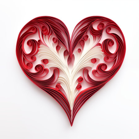 Red heart shape, paper quilling craft, 3d paper decoration. Valentines day concept, Mothers day or anniversary greeting card design.の素材