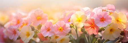 Spring flowers banner, background. primrose flowers banner with copy spaceの素材