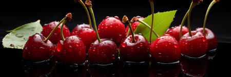 Fresh wet sour cherries on black background. Cherries closeup shot with water drops.の素材