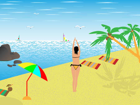 The girl on a sea beach near to palm trees looks at yachts のイラスト素材