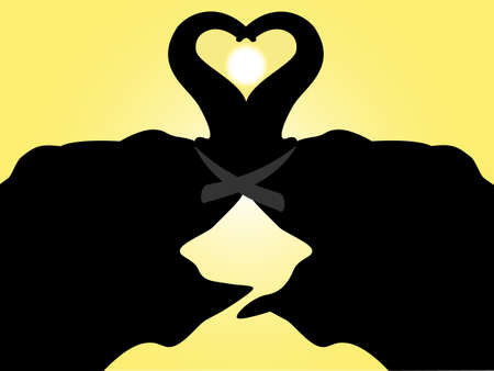 Two enamoured elephants embrace against the sunのイラスト素材