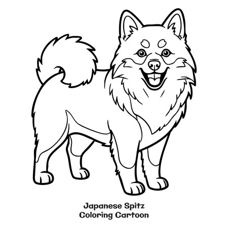 Black and white vector illustration of a Japanese Spitz dog standing.のイラスト素材