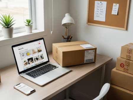 Laptop with online shopping on screen and carton boxes on tableの素材