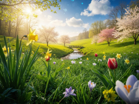 Spring meadow with tulips and daffodils. Spring landscapeの素材