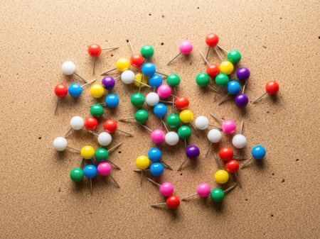 Colorful push pins on a cork board, close-upの素材