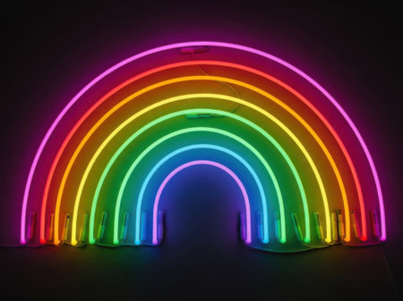 Neon rainbow on a black background. 3D rendering. Neon lights.の素材