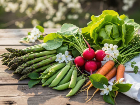 Bunch of fresh vegetables on a wooden table in the garden.の素材