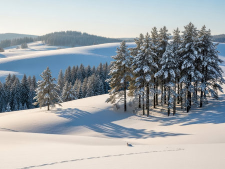 Winter landscape with pine trees and snowdrifts in the forest.の素材