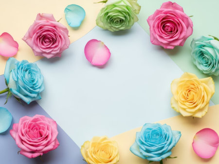 Flowers composition. Frame made of rose flowers on pastel colorful background. Flat lay, top view, copy spaceの素材