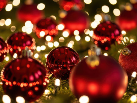 Christmas background with red baubles and garland, closeupの素材