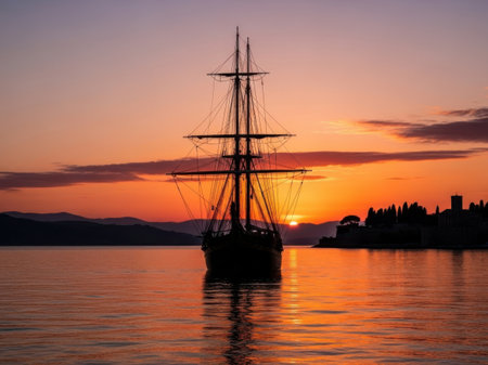 Silhouette of a sailboat at sunset on the Adriatic Sea in Croatiaの素材