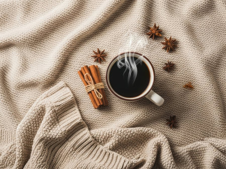 Cup of coffee with cinnamon and anise on knitted plaidの素材