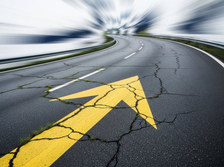 Asphalt road with yellow arrow sign and motion blur background, abstract backgroundの素材