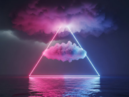 abstract scene with neon triangle and cloud on the water, 3d renderの素材