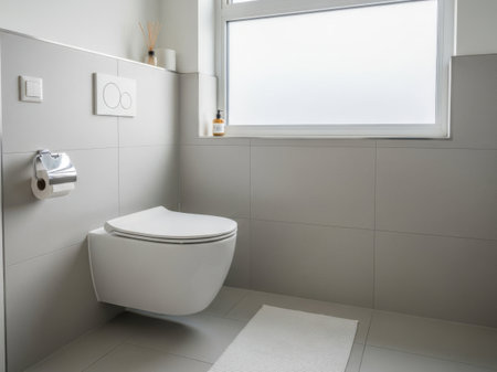 Interior of a modern bathroom with white tiles and a toilet bowlの素材