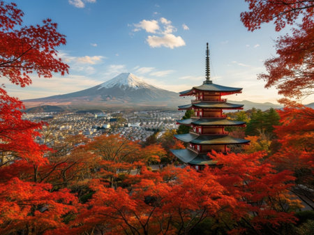 Mt. Fuji and Chureito Pagoda in autumn, Japanの素材