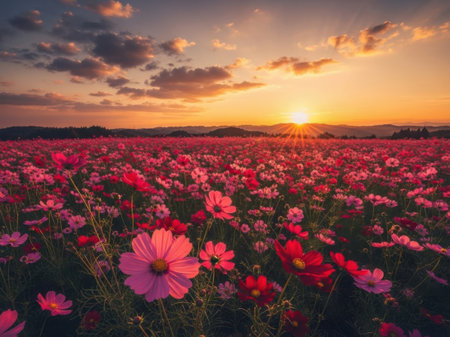Cosmos flower field at sunset with beautiful sky in vintage color toneの素材
