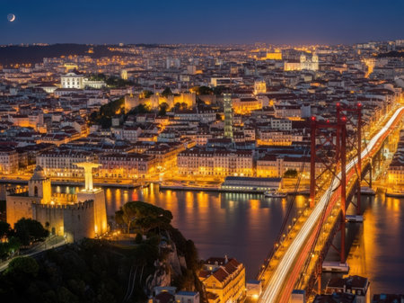 Panoramic view of the city of Lisbon at night, Portugalの素材
