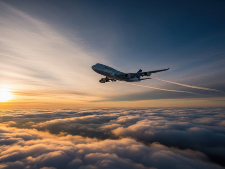 Airplane flying above the clouds at sunset. Business travel concept.の素材