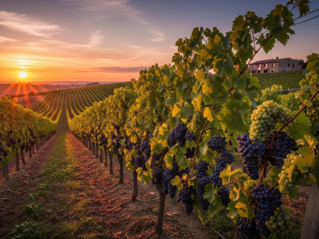 Sunset over a vineyard in Chianti, Tuscany, Italyの素材