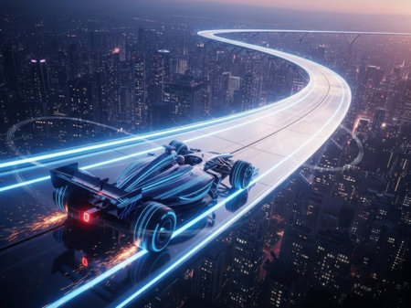 3d rendering car on the road with light trail and city in the backgroundの素材