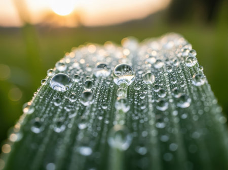 Water drops on green leaf at sunrise. Natural background with copy space.の素材