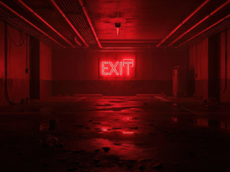 3D rendering of a basement with a neon exit sign in itの素材