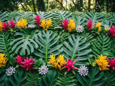 Beautiful tropical flowers in the garden. Colorful flower background.の素材
