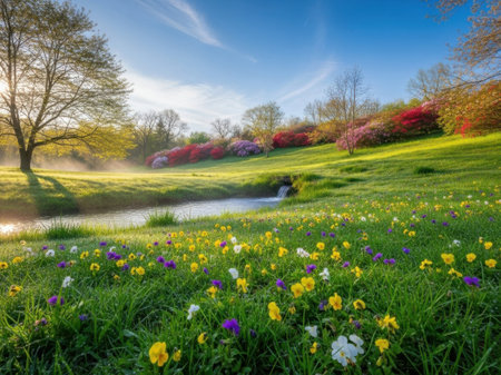 Spring landscape with colorful blooming flowers in the park at sunset.の素材