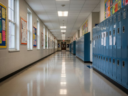 Interior of a school corridor with blue lockers in a rowの素材