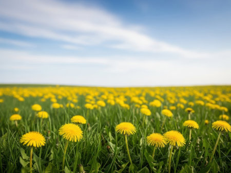 Yellow dandelions on a meadow under blue sky with cloudsの素材
