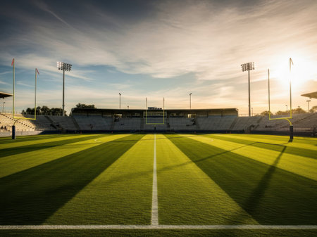 soccer field at sunset, soccer stadium with green grass and blue skyの素材