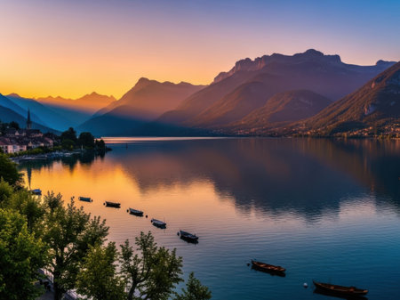 Sunset over Lake Lucerne, Switzerland. Beautiful landscape of Lake Lucerne with mountains in the background.の素材