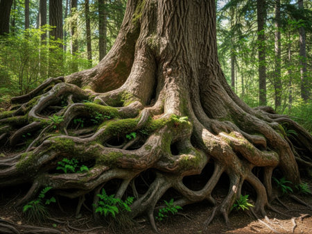 Old tree roots in Redwood Forest, California, United States.の素材