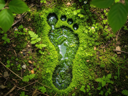 Footprint in the green moss. Footprint in the forest.の素材