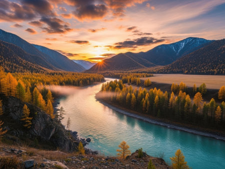 Mountain river at sunset. Altai Republic, Siberia, Russiaの素材