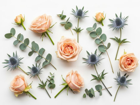 Flowers composition. Eucalyptus, thistle, eucalyptus on white background. Flat lay, top viewの素材