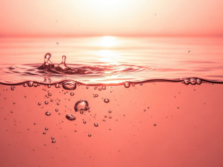 Water splash and ripples on the water surface with a red background.の素材