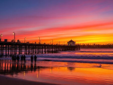 Beautiful sunset at Huntington Beach Pier, Los Angeles, California, USAの素材
